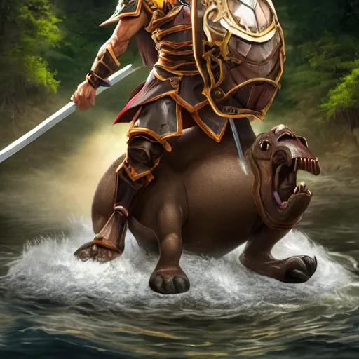 Prompt: a skinny tan 1 0 year old half - asian boy with dark anime hair riding a hippo wearing armor down a waterfall with a large sword in one hand and a shield in the other hand, photorealistic, skinny face, strong muscle tone