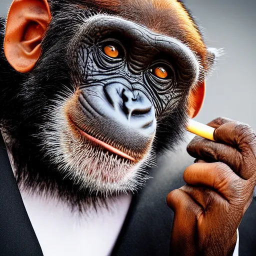 Prompt: a high detail shot of a chimp wearing a suit and smoking