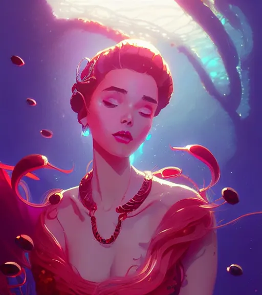 Image similar to portrait of a beautiful queen of the ocean with coral jewelry in complex and shiny dress made by jellyfish, by ross tran and atey ghailan, by greg rutkowski, by greg tocchini, by james gilleard, by joe fenton, by kaethe butcher, dynamic lighting, grunge aesthetic