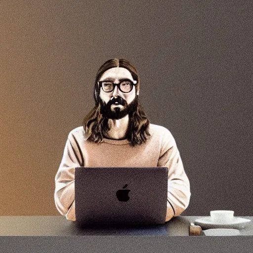 Prompt: a highly realistic photo of hipster Jesus using his macbook in a modern coffee shop in New York, hyperdetailed, artstation, digital art, photorealism, accurate, 8k,