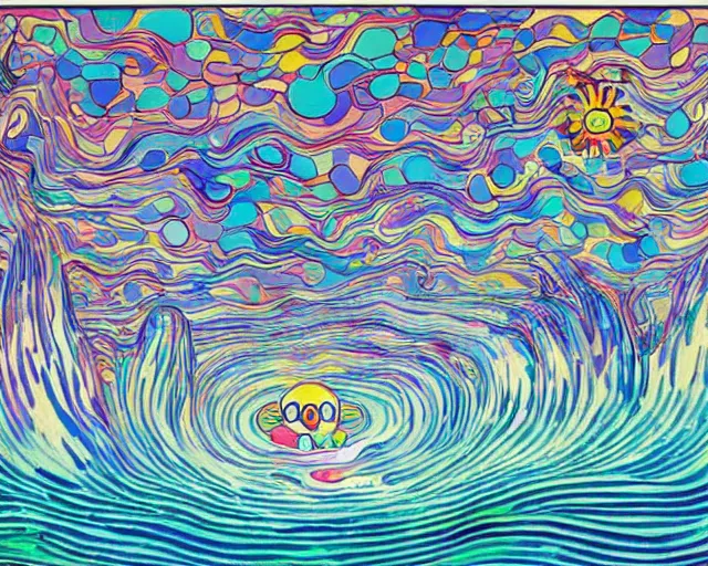 Prompt: Ocean waves in a psychedelic dream world. DMT. Curving rivers. Craggy mountains. Modernist landscape painting. Edvard Munch. David Hockney. Takashi Murakami. Minimalist.