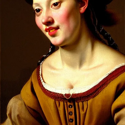Prompt: Facial portrait of a cute shy woman, looking away from the camera, seductive smile, sparkle in eyes, lips slightly parted, long flowing hair, no hands visible, intricate, extremely detailed painting by Jan Steen and by Greg Rutkowski and by Moebius, golden hour