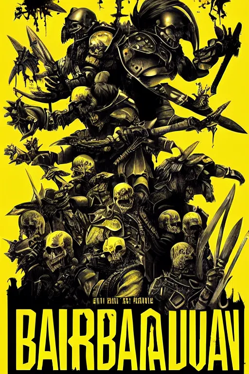 Prompt: armored barbarians, loaded with weapons and animal skulls, horror sci - fi black and yellow poster