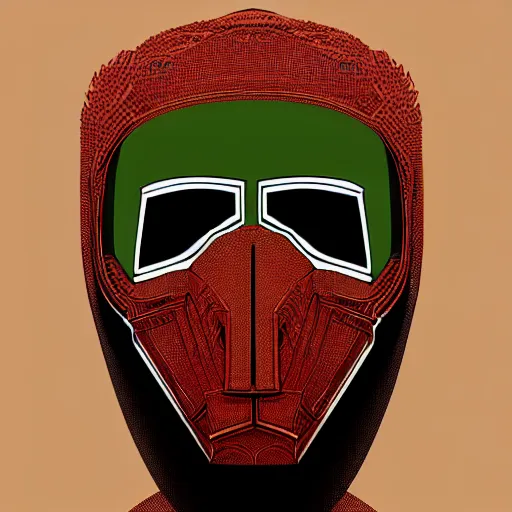 Image similar to portrait of mf doom, dr. doom metal steel mask, dark skin underneath. red t - shirt, beige complex background, intricate, elegant, highly detailed, digital painting, artstation, concept art, smooth, sharp focus, illustration, by anato finnstark, boissb - blanca. j, cindy avelino, clint cearley, anna podedworna