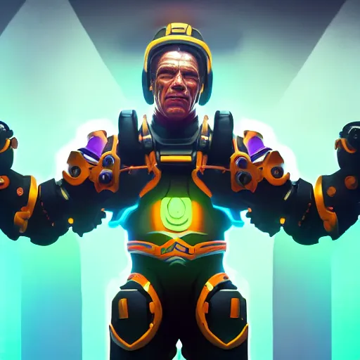 Image similar to a screenshot of arnold schwarzenegger as zenyatta in overwatch, portrait, fantasy, beautiful face, vivid colors, elegant, concept art, sharp focus, digital art, hyper - realistic, 4 k, unreal engine, highly detailed, hd, dramatic lighting by brom, trending on artstation