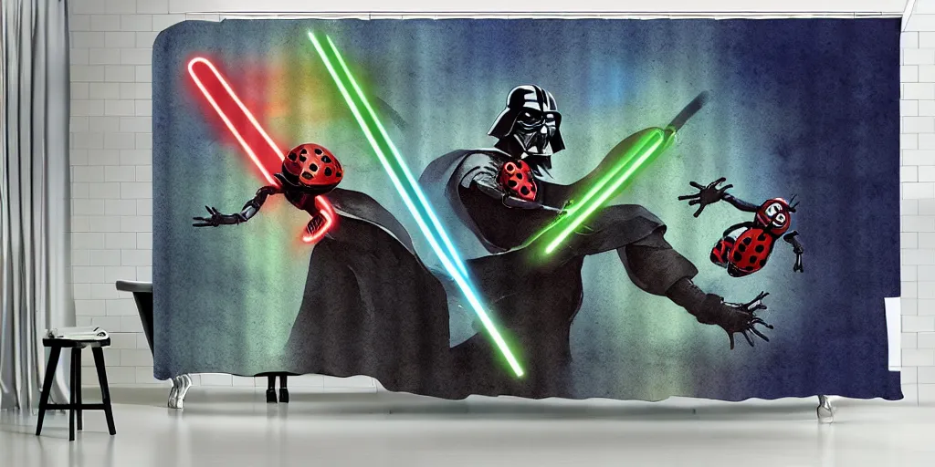 Image similar to shower curtain product catalog. wide - angle photo. on the curtain is a low - angle hero - shot watercolor of a ladybug robot fighting against darth vader. the robot has an epic showdown with darth vader. the water color has ink under drawing. highly coherent, product photography of a shower curtain, product lighting. 4 k, highly detailed. saturated.