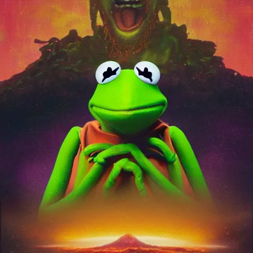 Image similar to movie poster for End of Evangelion Kermit the Frog as a glowing god, like blackpink lisa+smoky eyes+front face l, ultradetail face, art and illustration by tian zi and craig mullins and WLOP and alphonse mucha, fantasy, intricate complexity, human structure, human anatomy, fantasy character concept, watermark, blurry, hyperrealism 8k