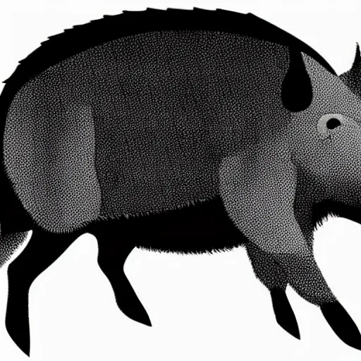 Image similar to book illustration of a wild boar dancing. the boar has shades. book illustration, monochromatic, white background, black and white image