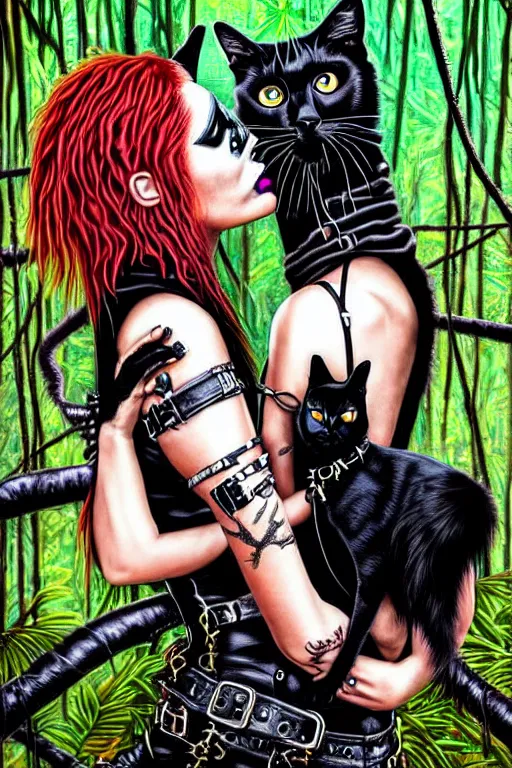 Image similar to punk rock girls kissing and making selfie with black cats in jungle , 1980 style, mad max jacket, post apocalyptic, Cyberpunk, renaissance, Gothic, mystic, highly detailed, 4k, fog, oil painting on canvas, Matrix movie, hyper realistic style, fantasy by Olga Fedorova