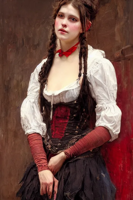 Image similar to Solomon Joseph Solomon and Richard Schmid and Jeremy Lipking victorian genre painting full length portrait painting of a young beautiful woman traditional german french pirate wench in fantasy costume, red background