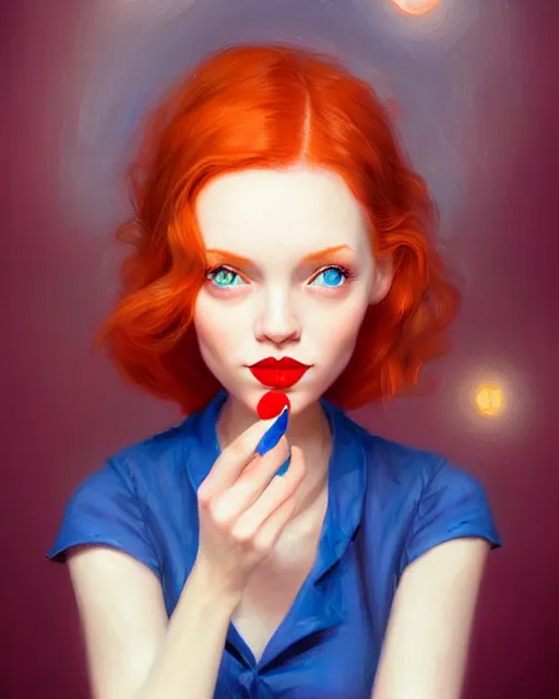 Prompt: cute diner waitress, perfect face, red lipstick, blue dress, ginger hair, cinematic, blush, stunning, symmetrical eyes, highly detailed, psychedelic, digital painting, artstation, smooth, hard focus, illustration, art by jessica rossier and and brian froud