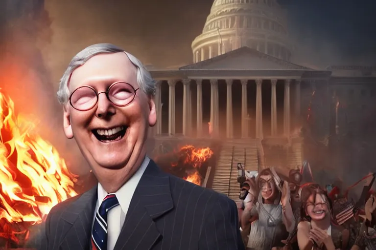 Prompt: senator mitch McConnell laughing maniacally in front of a burning capitol building, digital illustration by artgerm and face by wlop, octane render