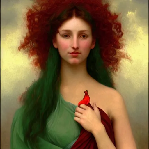 Image similar to a beautiful stunning fantasy whimsical matte digital portrait illustration of a pretty womam with bright green eyes and fiery red hair with a green bird on her shoulder, in the style of William Adolphe-Bouguereau and Marc Simonetti, magic the gathering, trending on artstation, contest winner