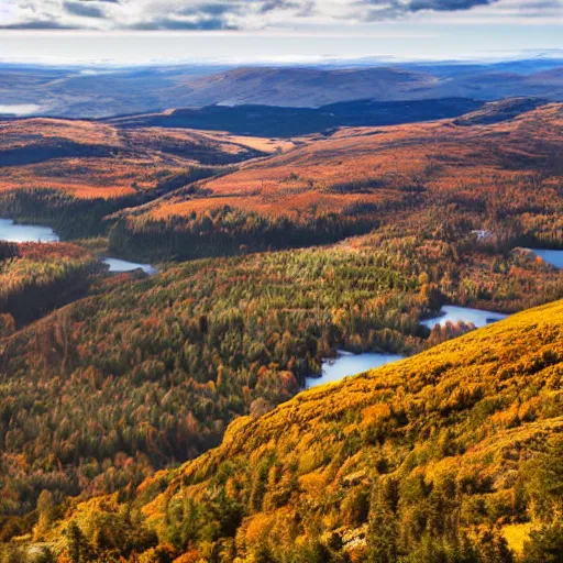 Prompt: autumnal view from the top of a scottish mountain with heather, pine forests, blue skies, rivers and cirrus clouds