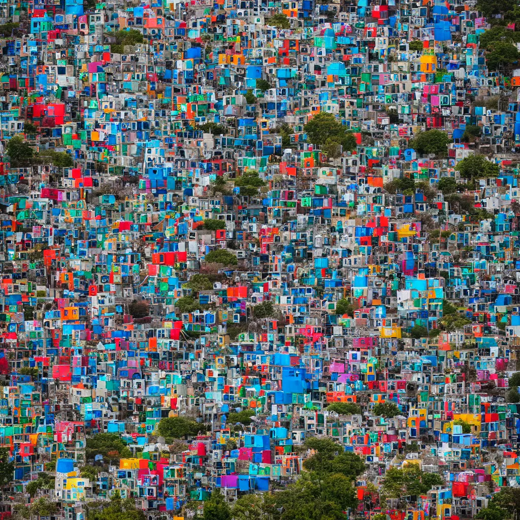 Image similar to a short circular tower, made up of colourful makeshift squatter shacks, vertical blank spaces, dystopia, sony a 7 r 3, f 1 1, fully frontal view, photographed by jeanette hagglund