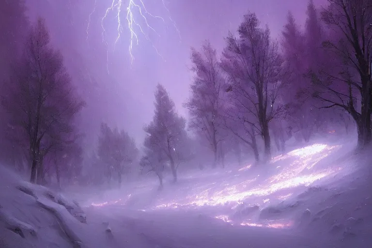 Prompt: a beautiful oil painting of a valley covered in snow, trees with purple, thunderstorm in the sky, blue lighting, gloomy, atmospheric lighting, detailed, beautiful!!, purple bioluminescence, by greg rutkowski, trending on artstation