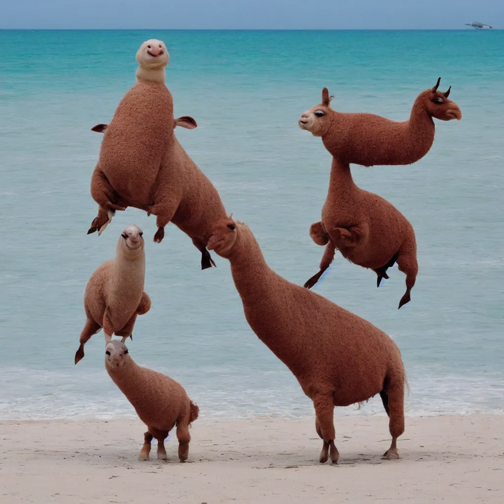 Image similar to a blobfish riding a llama on the beach