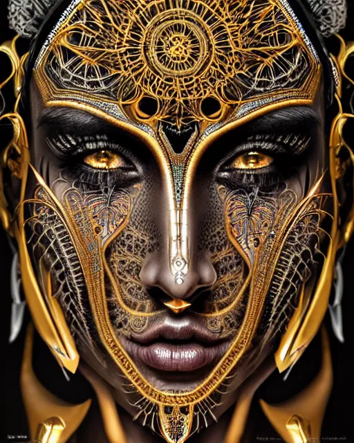 Prompt: hyperrealistic detailed face portrait of the beautiful dark goddess in an intricate golden ornamental geometrical ritual mask, intricate cyberpunk face tattoos, insane details, art by ernst haeckel, nekro borja, android jones, gothic - cyberpunk, ornamental, beautiful deep colours,