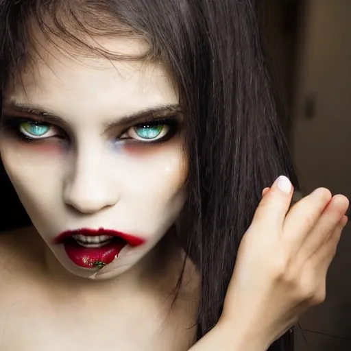 Image similar to a close up of a vampire girl getting ready to feed on her victim