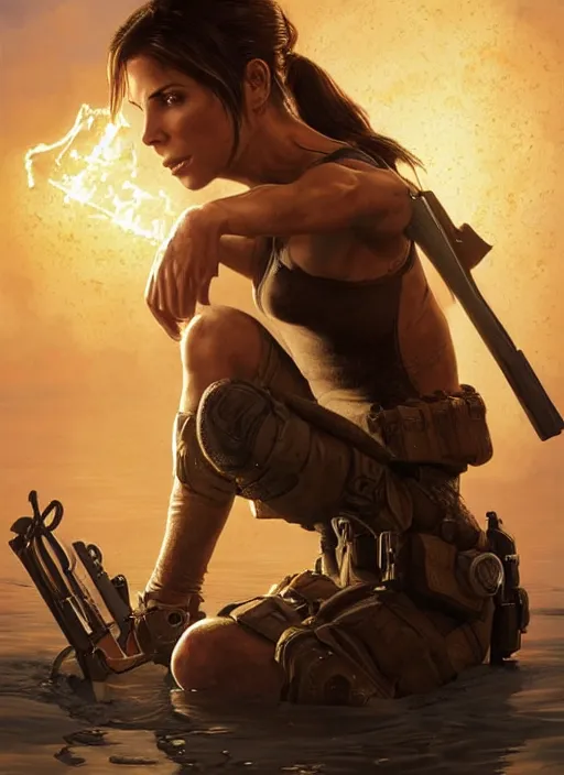 Image similar to Sandra Bullock as Lara Croft as a ruggedly handsome heroine kneeling next to a glowing artifact lodged in shallow water, intricate, elegant, highly detailed, artstation, concept art, smooth, sharp focus, illustration, bokeh art by artgerm and donato giancola and Joseph Christian Leyendecker, WLOP, fireflies