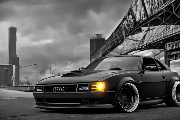 Image similar to widebody all black audi camaro b 7 ( 1 9 6 9 ) modernized, need for speed : carbon, at night, sci - fi, neon lines, phonk music background, smoke behind wheels, noise, dark, establishing shot, by simon stalenhag