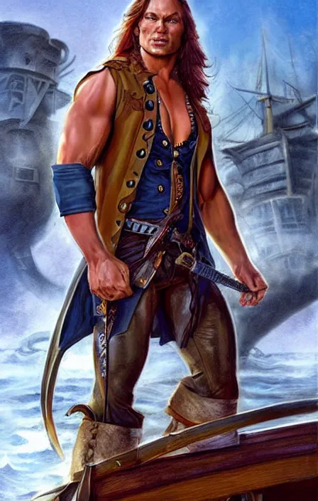 Image similar to pretty muscular sam winchester as a pirate in a pirate ship, fantasy style, sharp focus!, ultra detailed, art by artgerm and peter andrew jones, wlop