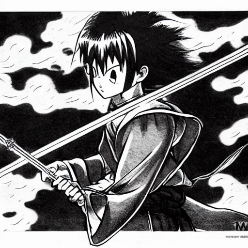 Image similar to young swordsman, illustrated by mato and ken sugimori and akira toriyama, manga, black and white illustration