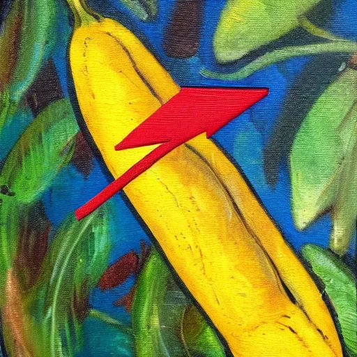 Image similar to oil painting impressionist stopwatch and banana in the shape of an arrow flying through the air, ( bugs buzzing around ), whimsical, detailed,