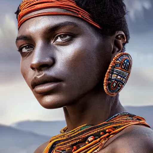 Image similar to portrait of a stunningly beautiful tribal female, depth of field, zeiss lens, detailed, symmetrical, centered, fashion photoshoot, by Annie Leibovitz and Steve McCurry, David Lazar, Jimmy Nelsson, Breathtaking, 8k resolution, extremely detailed, beautiful, establishing shot, artistic, hyperrealistic, beautiful face, octane render