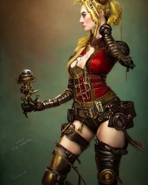 Image similar to a beautiful young female steampunk pirate wearing leather armor on gold and red trimmings on green, very cool pose, slightly smiling Charlie Bowater Annie Leibovitz, zhuoxin ye, cinematic lighting and composition, fantasy painting, very detailed, ornate, 8k trending on artstation and pinterest, deviantart, google images