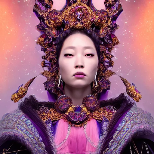 Image similar to a beautiful empress portrait, with a brilliant, impossible striking big cosmic galaxy headpiece, clothes entirely made out of cosmos chaos energy, symmetrical, dramatic studio lighting, rococo, baroque, jewels, asian, hyperrealism, closeup, D&D, fantasy, intricate, elegant, highly detailed, digital painting, artstation, octane render, 8k, concept art, matte, sharp focus, illustration, art by Artgerm and Greg Rutkowski and Alphonse Mucha