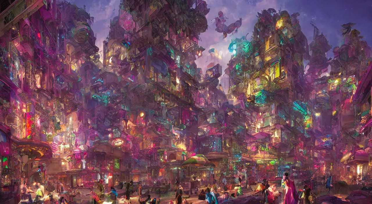 Prompt: bazaar zouk place aladin block greeble multicolorful sky shine mattepainting, street art, trending on artstation, by huang guangjian and gil elvgren and sachin teng