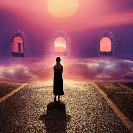 Image similar to a woman facing a blue interdimensional portal on the street, which shows a beach at sunset, rutkowski, fantasy