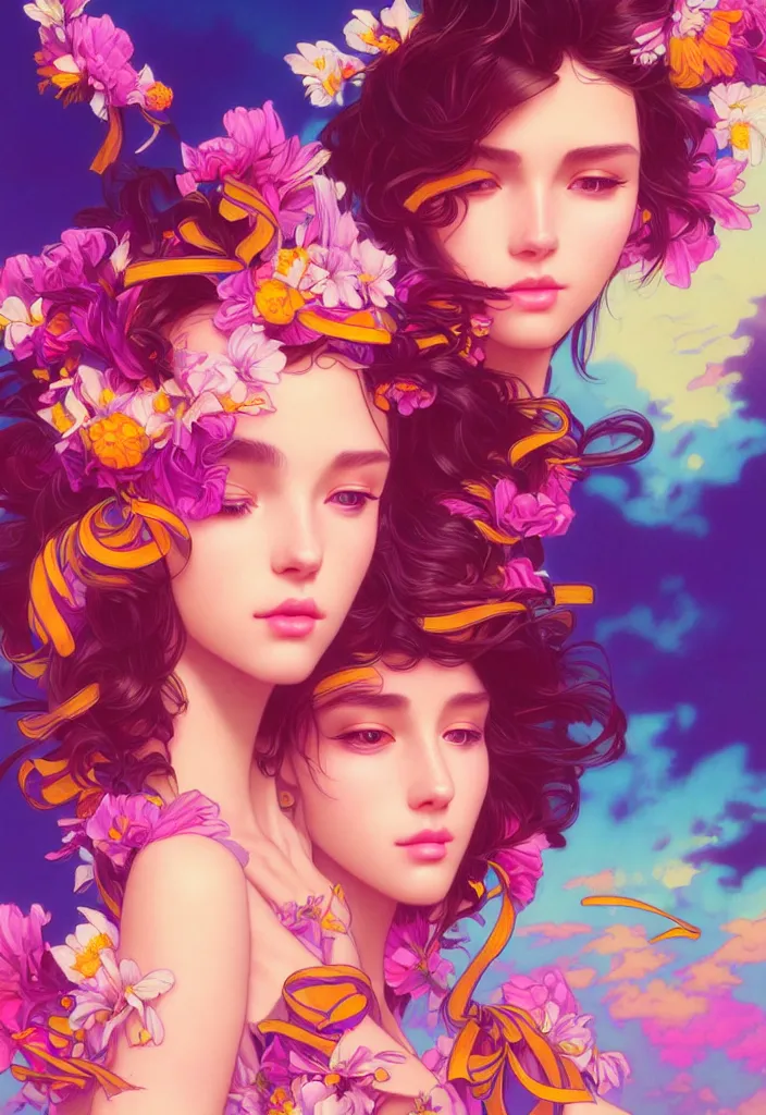 Image similar to young beautiful woman, gorgeous face, vaporwave aesthetic, synthwave, colorful, psychedelic, artstation, flowers, bees, ribbons, concept art, smooth, extremely sharp detail, finely tuned detail, 8 k, unreal engine 5, ultra sharp focus, illustration, art by artgerm and greg rutkowski and alphonse mucha