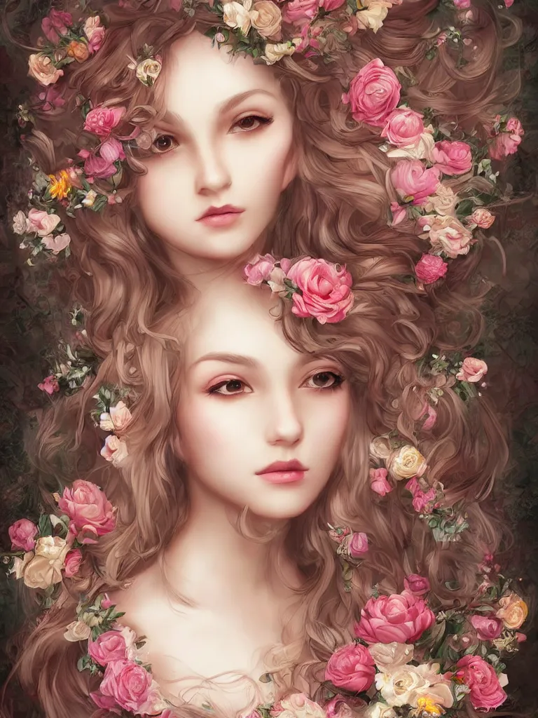 Prompt: beautiful girl digital art long hair with flowers baroque artgerm style