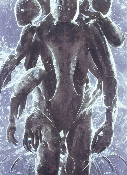 Image similar to symmetrical astronauts in dark and empty void underwater - complex and hyperdetailed technical suit. reflection and dispersion materials. rays and dispersion of light. volumetric light. 5 0 mm, f / 3 2. noise film photo. flash photography. ultra realistic, wide angle. poster by wayne barlowe, hajime sorayama aaron horkey, craig mullins