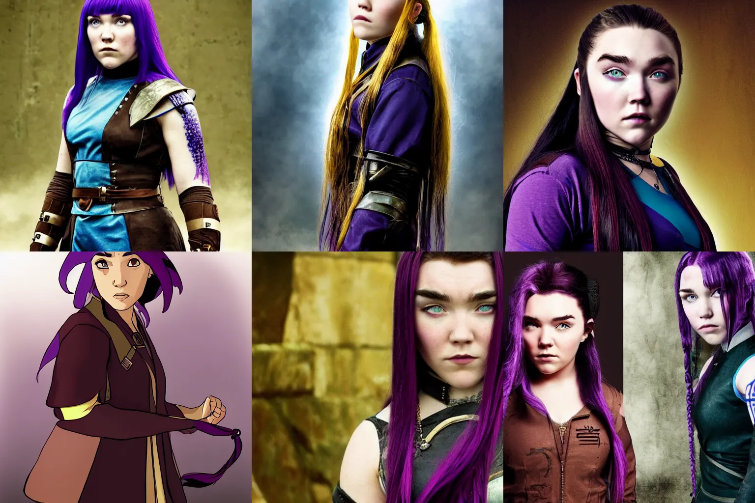 Prompt: Portrait of Florence Pugh, scene, emo, goth, purple mullet, style of avatar the last airbender