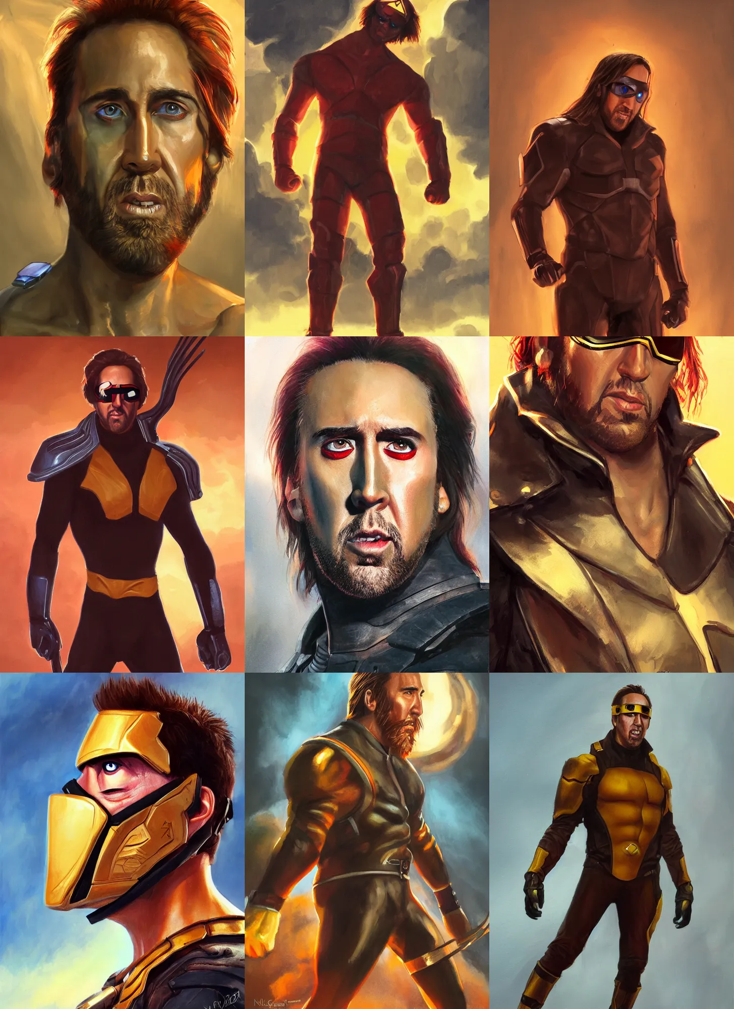 Prompt: nicholas cage as cyclops from x - men, golden hour, concept art, detailed clothing, art station, oil painting
