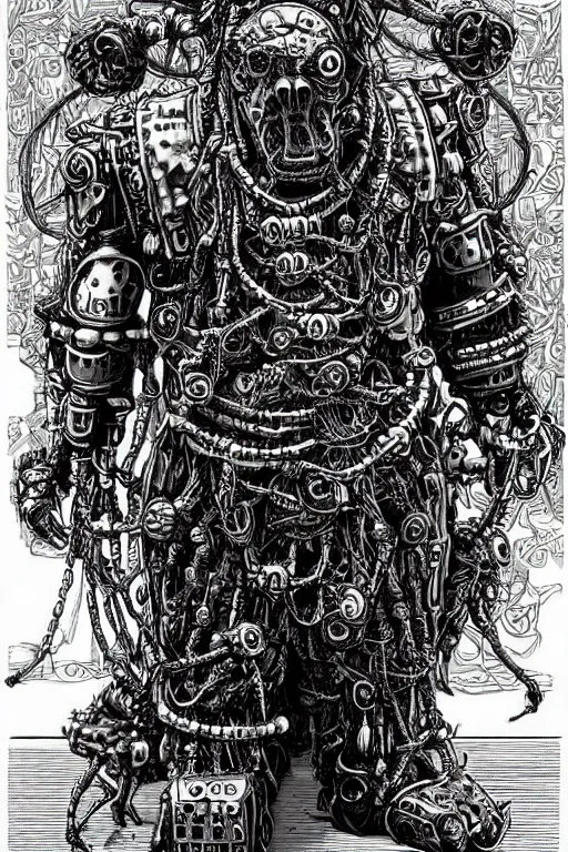 Image similar to wild monstorous anthropomorphic biomechanical bear shaman-warrior wearing chains made of tiny human skulls and other voodoo artifacts. Wearing dreadlocks made of cables and wires. Upgraded with hightech cyberwares. huge, big, giant bear human hybrid, mecha animal, tall, detailed woodcut armor, terrifying and dangerous, scary, beautiful, steampunk monster android hybrid art portrait, matte scifi fantasy painting, half robot half bear. DeviantArt Artstation, by Jason Felix by Steve Argyle by Tyler Jacobson by Peter Mohrbacher, cinematic lighting