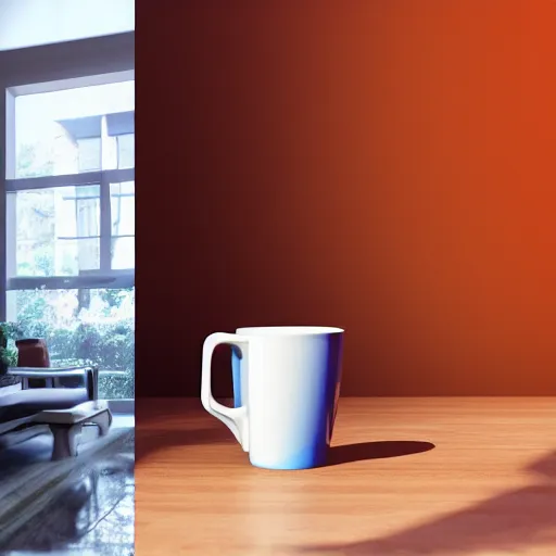 Image similar to White mug, hyperrealism, diffuse shadows, orange and blue diffuse shadows unreal engine 5 tech demo, zillow interior, cool tint, vivid colors, metallic reflective, octane render, Frank Lloyd Wright ((Studio Ghibli))