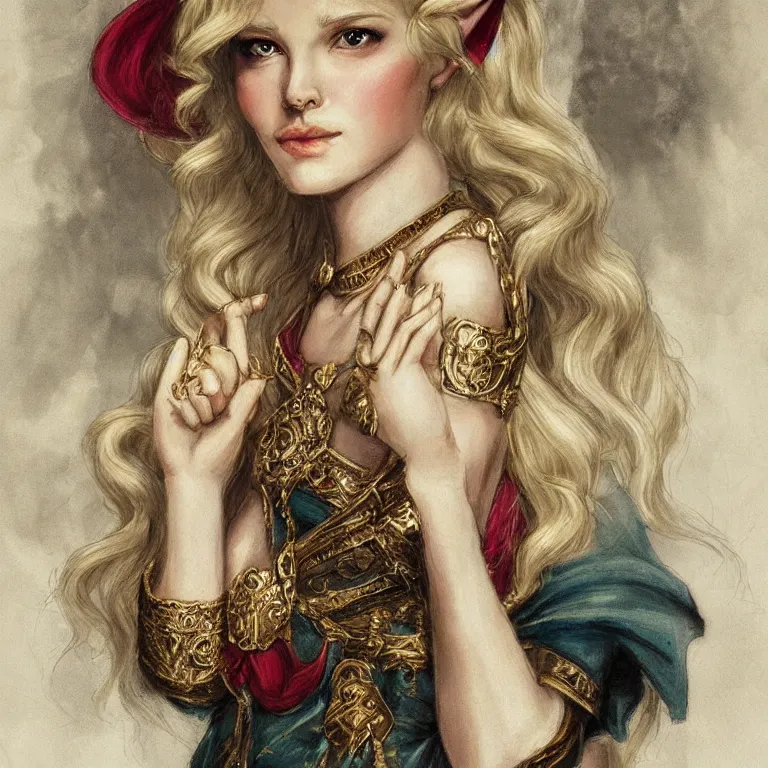 Prompt: a fantasy portrait of a beautiful noble elf princess with blonde hair and regal jewellry by bowater, charlie