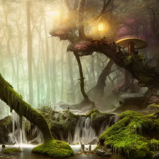 Image similar to tom bagshaw, mythical shrine, soft painting render curiosities carnival pond river vegetation rocks bugs wildlife mushrooms covered moss bioluminescent wisps, beautiful stunning waterfall, accurate features, focus, very intricate ultrafine details, random volumetric lighting, fog, award winning masterpiece, octane render 8 k hd, artstation