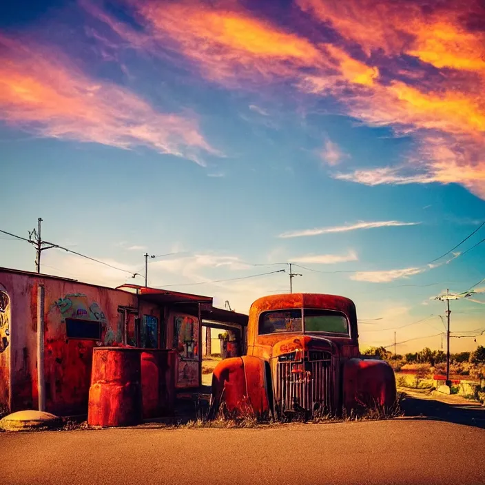 Image similar to a sunset light landscape with historical route 6 6, lots of sparkling details and sun ray ’ s, blinding backlight, smoke, volumetric lighting, colorful, octane, 3 5 mm, abandoned gas station, old rusty pickup - truck, beautiful epic colored reflections, very colorful heavenly, softlight