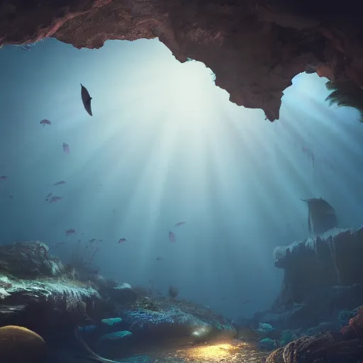 Image similar to amazing cave underwater, lots of fish, volumetric light, octane render, hieronymus bosch style, highly detailed, dramatic lighting, misty, gothic, artstation, cgsociety