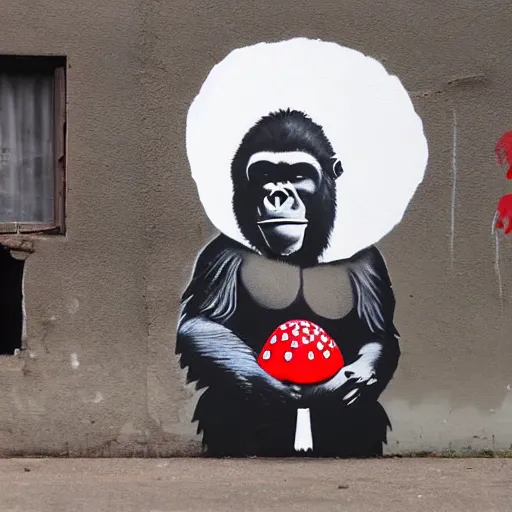 Image similar to gorilla wearing red headphones, holding a amanita muscaria, made by banksy