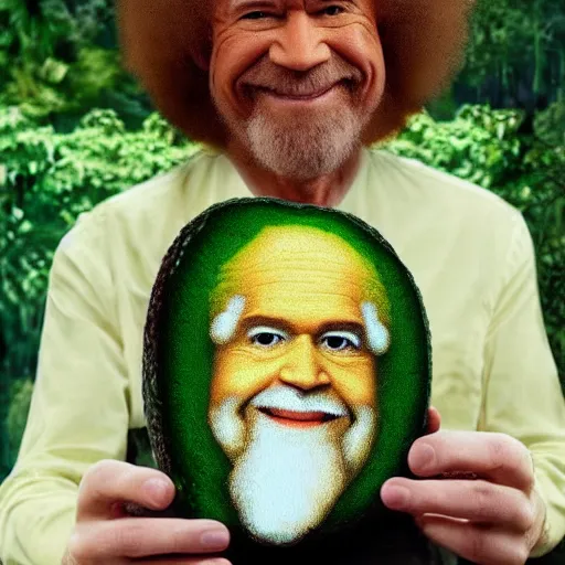 Prompt: bob ross wrapped in an avocado