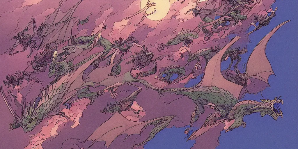 Image similar to dragonriders flying, casting magic, epic scene, 8k, illustration, art by ghibli moebius, comics art