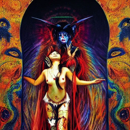 Image similar to the concept of a loving relationship, transcendence, airbrush art, shamanic dmt horror art, by edwin austin abbey