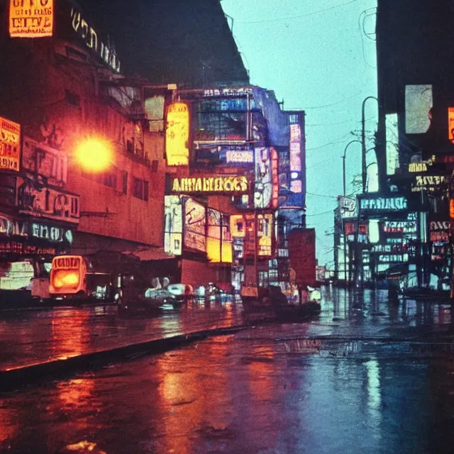 Image similar to kodachrome photograph, saturated photo, 1 9 6 7 cyberpunk city during a melancholy rainy night