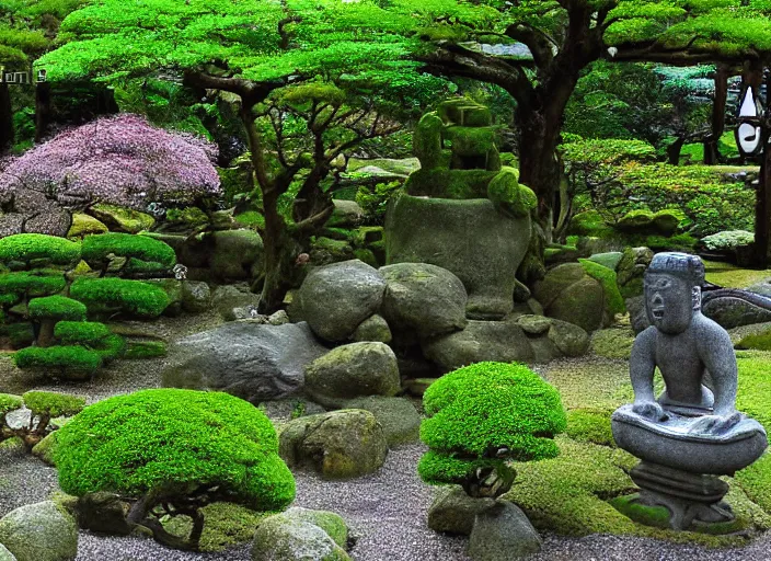 Prompt: japanese garden of an ancient god by wayne barlowez
